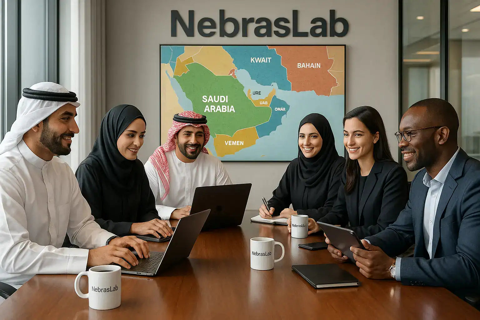 GCC business team in traditional and modern attire meeting at NebrasLab office with Arabian Gulf map and branded coffee mugs.